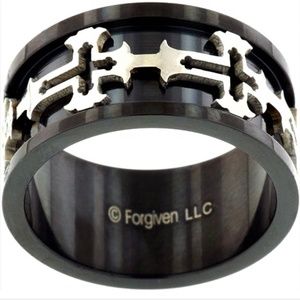 FORGIVEN JEWELRY Black Band Ring with Crosses Size 9